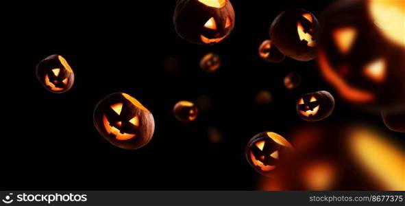 Glowing pumpkins levitate on a black background.. Glowing pumpkins levitate on a black background