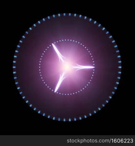 Glowing Purple Disk With Light Beams Isolated On Black Background. Sci-Fi, Futuristic And Outer Space Concept