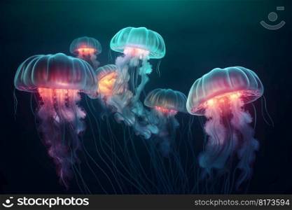 Glowing sea jellyfishes in ocean. Beauty nature. Generate Ai. Glowing sea jellyfishes in ocean. Generate Ai