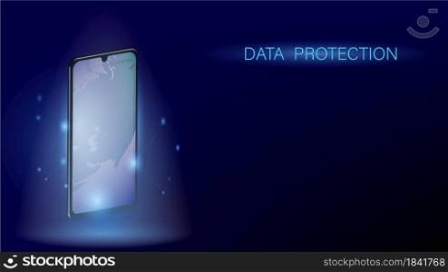 Glowing smartphone. Online concept, protection of personal data on the network. Mobile Security Vector. Dark blue banner, template