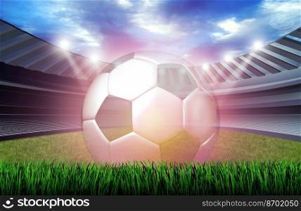 Glowing Soccer ball in a sports stadium or sport field as a team tournament in an arena or european and international football competition as a 3D illustration.