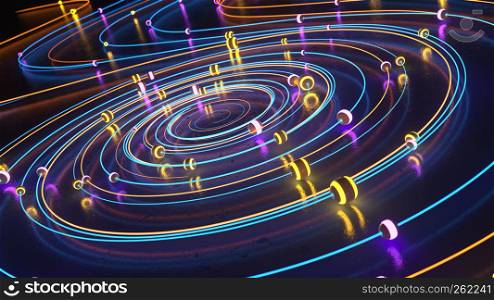 Glowing spheres moving along bright swirled lines. 3D illustration. Glowing spheres moving along bright swirled lines