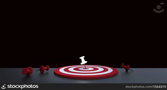 Glowing thumbtack placed in the target on dark background. Business target concept.3D render.