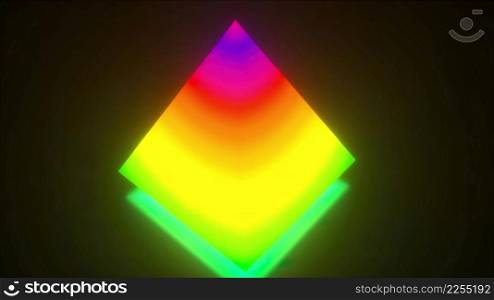 Glowing triangular 3d render building with rainbow waves textures. Futuristic figure with bright reflection of fluorescent design. Digital techno scene of virtual synthwave Glowing triangular 3d render building with rainbow waves textures. Futuristic figure with bright reflection of fluorescent design. Digital techno scene of virtual synthwave. Multi gradient neon abstract pyramid.