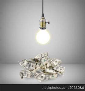 glowing vintage light bulb over dollar bills