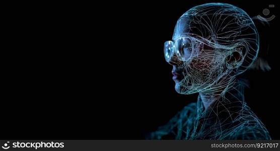 glowing woman head with glasses hologram with copy space future technology generative ai.