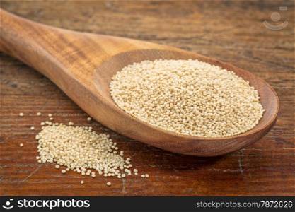 gluten free amaranth grain on a wooden spoon against a grunge wood