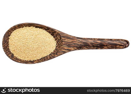 gluten free amaranth grain on a wooden spoon isolated on white