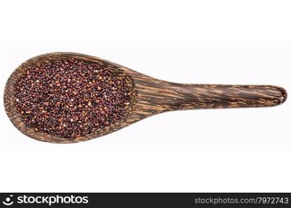 gluten free black quinoa grain on a wooden spoon isolated on white