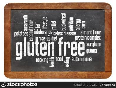 gluten free food word cloud on a vintage slate blackboard isolated on white
