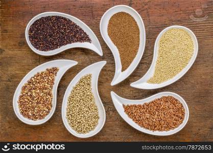 gluten free grain abstract - top view of teardrop shaped bowls with quinoa, teff, millet, rice, sorghum and buckwheat grains against grunge wood