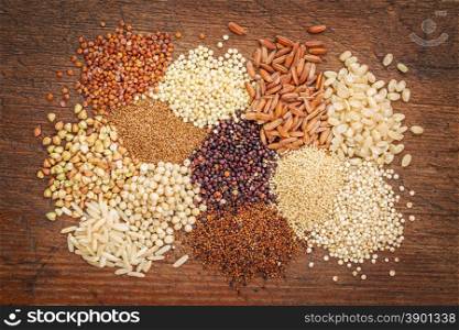 gluten free grains (buckwheat, amaranth, brown rice, millet, sorghum, teff, red, black and white quinoa) on rustic wood - top view