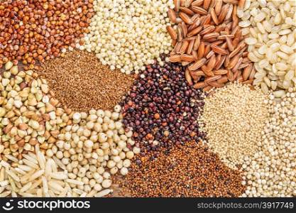 gluten free grains (buckwheat, amaranth, brown rice, millet, sorghum, teff, red, black and white quinoa) - top view background