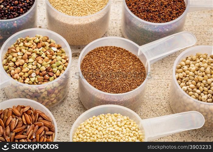 gluten free grains (quinoa, brown rice, kaniwa, amaranth, sorghum, millet, buckwheat, teff) - measuring scoops on a rustic barn wood