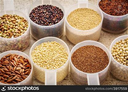 gluten free grains (quinoa, brown rice, kaniwa, amaranth, sorghum, millet, buckwheat, teff) - plastic measuring scoops on a rustic white painted barn wood