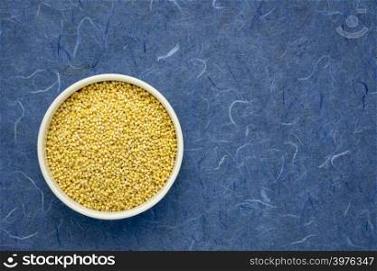 gluten free hulled millet grain in a ceramic bowl against blue mulberry paper