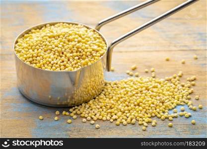 gluten free millet grain in a metal measuring scoop  1/4 cup  against grunge wood