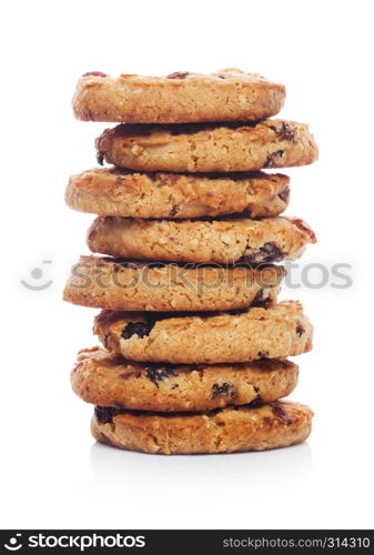 Gluten free oatmeal chocolate cookies with rasins on white background