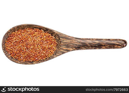 gluten free, red quinoa grain on a wooden spoon isolated on white