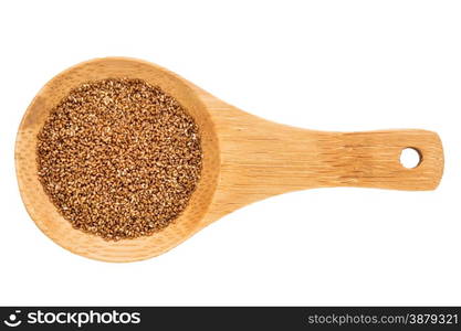 gluten free teff grain on a small wooden spoon isolated on white with a clipping path