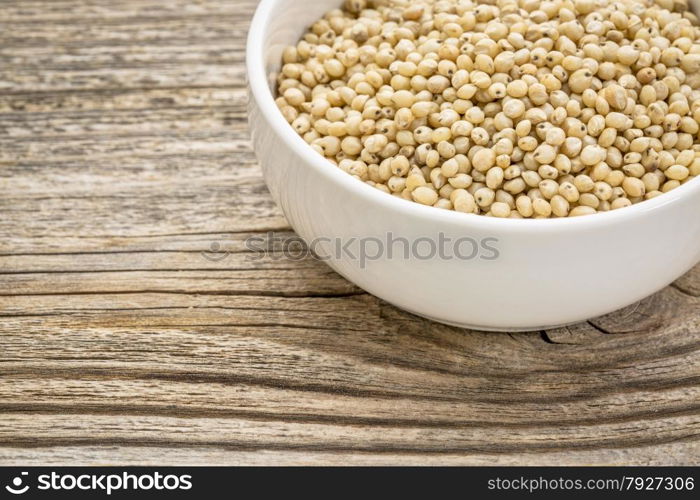 gluten free, white sorghum grain in a small ceramic bowl against grained wood