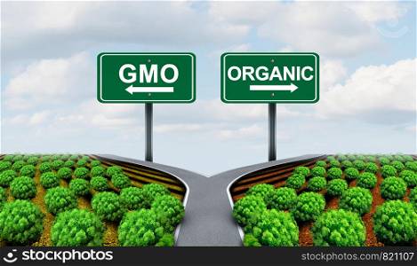 GMO and organic farming agricultural bio concept as a genetically modified eco food crops and natural growing plants with 3D illustration elements.