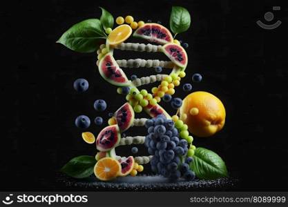 GMO food and Genetically modified crops or engineered agriculture concepts fruit and vegetables. Neural network AI generated art. GMO food and Genetically modified crops or engineered agriculture concepts fruit and vegetables. Neural network generated art