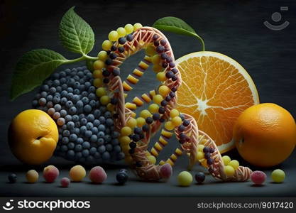 GMO food and Genetically modified crops or engineered agriculture concepts fruit and vegetables. Neural network AI generated art. GMO food and Genetically modified crops or engineered agriculture concepts fruit and vegetables. Neural network generated art