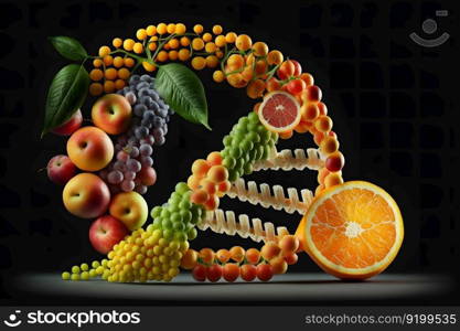 GMO food and Genetically modified crops or engineered agriculture concepts fruit and vegetables. Neural network AI generated art. GMO food and Genetically modified crops or engineered agriculture concepts fruit and vegetables. Neural network generated art