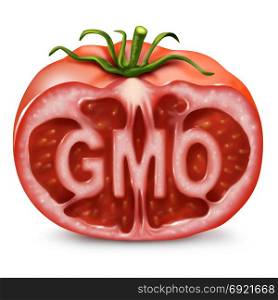 GMO food symbol as a genetically modified organism and genetic engineering in produce as a cut tomato with text inside as in a 3D illustration style.