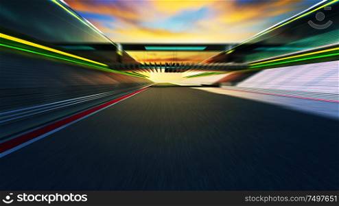 Go forward motion blurred modern racetrack with bridge and sunset background .