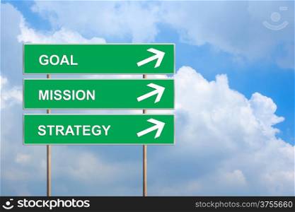 goal mission and strategy on green road sign with blue sky