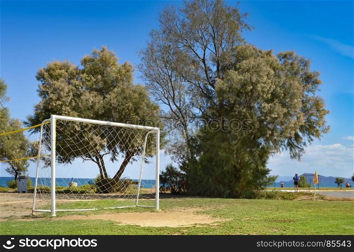 Goal of football on the sand . Goal of football on the sand of Maleme beach in Crete