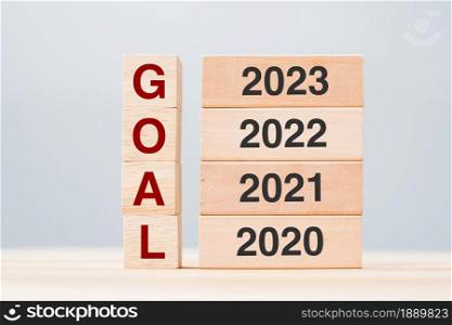 GOAL text with 2023, 2022, 2021 and 2020 wooden building blocks on table background. Risk Management, Resolution, strategy, solution, New Year New You and happy holiday concepts