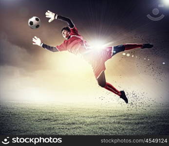 Goalkeeper catches the ball . At the stadium, in the spotlight.