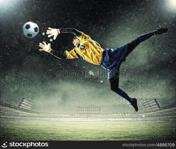 Goalkeeper catches the ball . At the stadium, in the spotlight.