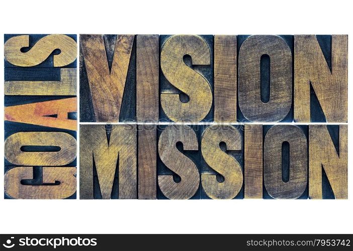 goals, vision and mission typography abstract - a collage of isolated words in letterpress wood type