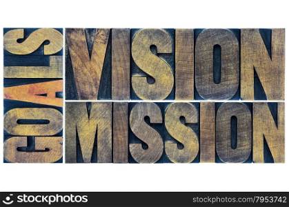 goals, vision and mission typography abstract - a collage of isolated words in letterpress wood type