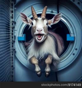 goat stuck in washing machine funny meme illustration Generative AI.