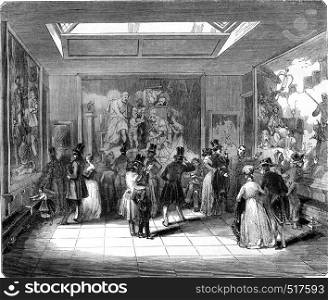 Gobelins, Exhibition room, vintage engraved illustration. Magasin Pittoresque 1845.