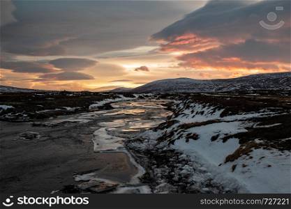 Godafoss river at sunset in winter, Iceland. Godafoss river at sunset, Iceland