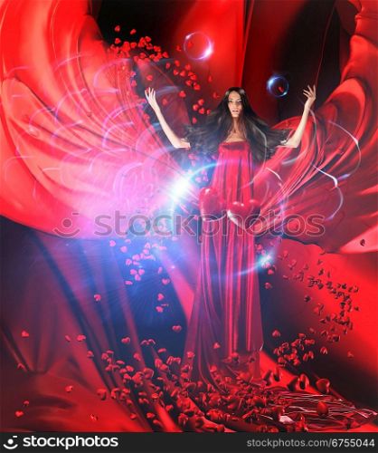 goddess of love in long red dress with magnificent hair makes a magic ritual of connecting hearts of people on red drapery, fabric