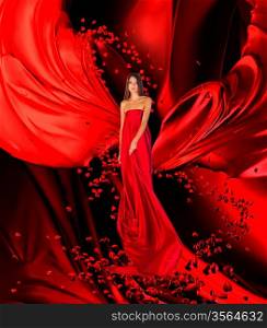 goddess of love in long red dress with magnificent long hair makes a magic ritual of connecting hearts of people on red drapery, fabric