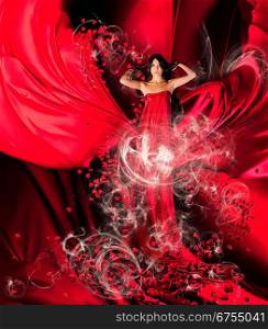 goddess of love in long red dress with magnificent long hair makes a magic ritual of connecting hearts of people on red drapery, fabric