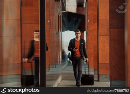 Going to the airport terminal. Young confident businessman traveler walking on city streets and pulling his suitcase drinking coffee and speaking on a smartphone. High quality photo. Going to airport terminal. Confident businessman traveler walking on city streets and pulling his suitcase drinking coffee and speaking on smartphone