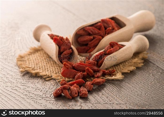 Goji berries on a wooden spoons, wooden background