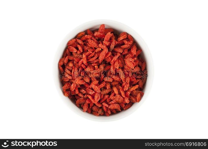 Goji berry in bowl isolated on white background with clipping path