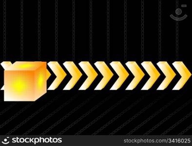 Gold 3d arrows and cube on a black background