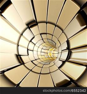 Gold abstract shapes futuristic tunnel. Gold abstract shapes futuristic tunnel 3d rendering. Gold abstract shapes futuristic tunnel