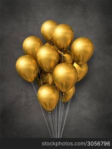 Gold air balloons group on a dark concrete background. 3D illustration render. Gold air balloons group on a concrete background